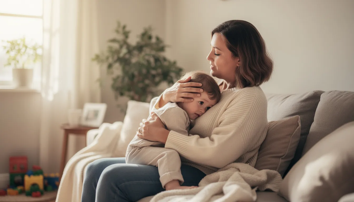 Ein Kleinkind wird von seiner Mutter in einer ruhigen und friedlichen Wohnumgebung tröstend umarmt. Diese Szene verdeutlicht die enge Bindung zwischen Mutter und Kind während der Stillzeit, in der Muttermilch eine wichtige Rolle für die Ernährung des Kindes spielt.
