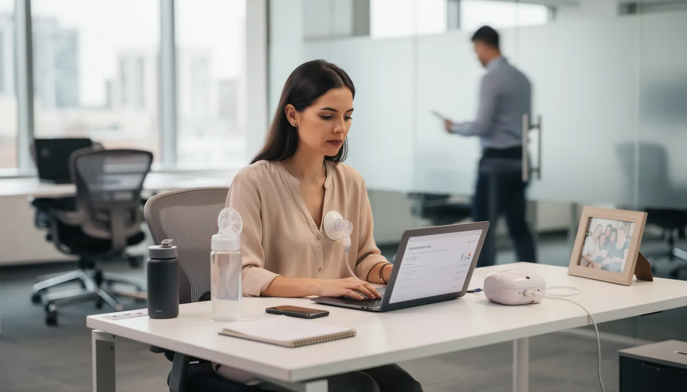 Eine arbeitende Mutter benutzt in einem modernen Büro eine Milchpumpe, um während ihrer Arbeitszeit Muttermilch für ihr Kind abzupumpen. Diese Szene zeigt die Herausforderungen, die stillende Mütter in der Arbeitswelt meistern müssen, während sie gleichzeitig die Empfehlungen zur Stilldauer und Ernährung ihrer Säuglinge berücksichtigen.