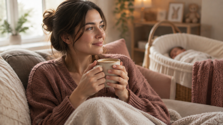 Mutter mit warmer Tasse Malzbier oder Malzkaffee in der Stillzeit