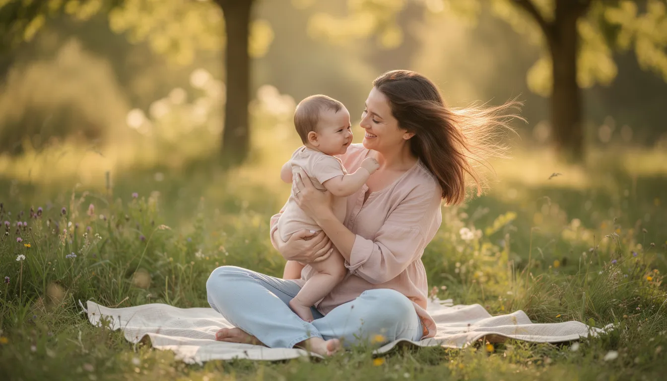 Eine glückliche Mutter sitzt in einer natürlichen Umgebung und stillt ihr Baby, während sie liebevoll mit ihm interagiert. Diese Szene zeigt die enge Bindung zwischen Mutter und Kind während der Stillzeit, die für die Entwicklung des Säuglings von großer Bedeutung ist.