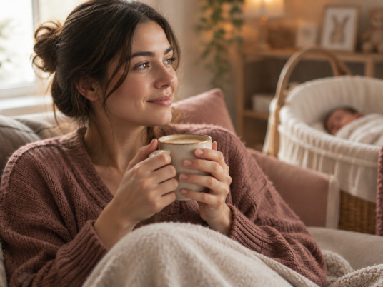 Mutter mit warmer Tasse Malzbier oder Malzkaffee in der Stillzeit