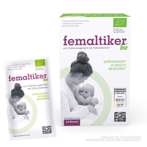 femaltiker bio Packung und Beutel mit Karamellgeschmack, 14 Beutel